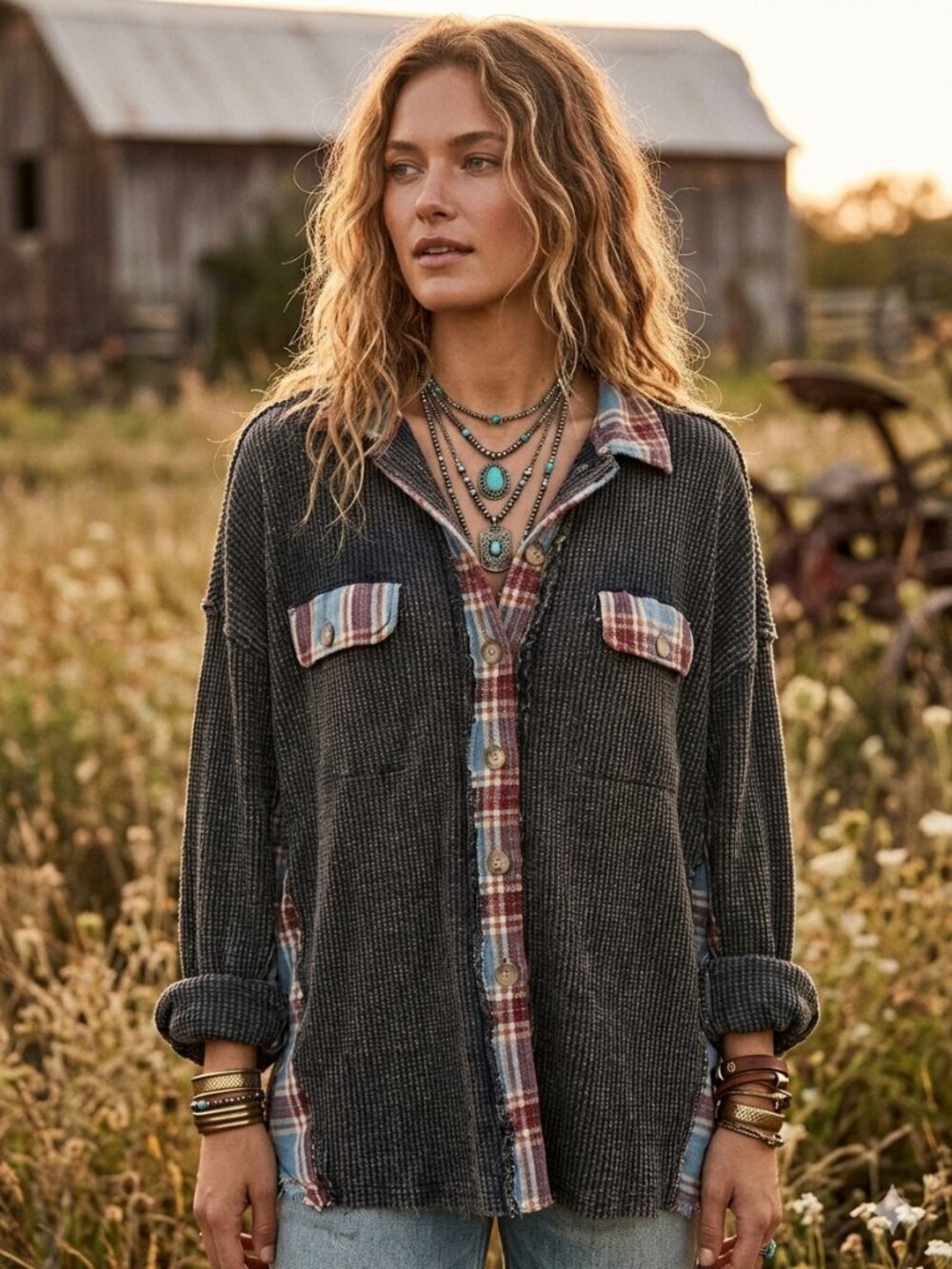 Oli & Hali Washed Plaid Waffle Knit Button-Down Shirt